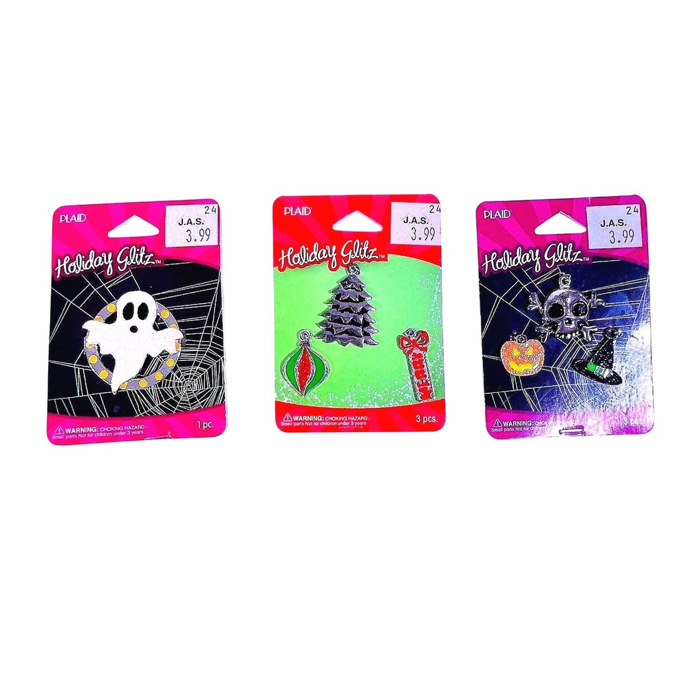 Vtg Lot Plaid Halloween Christmas Glitz Charms Pendants New Old Stock DIY Crafts